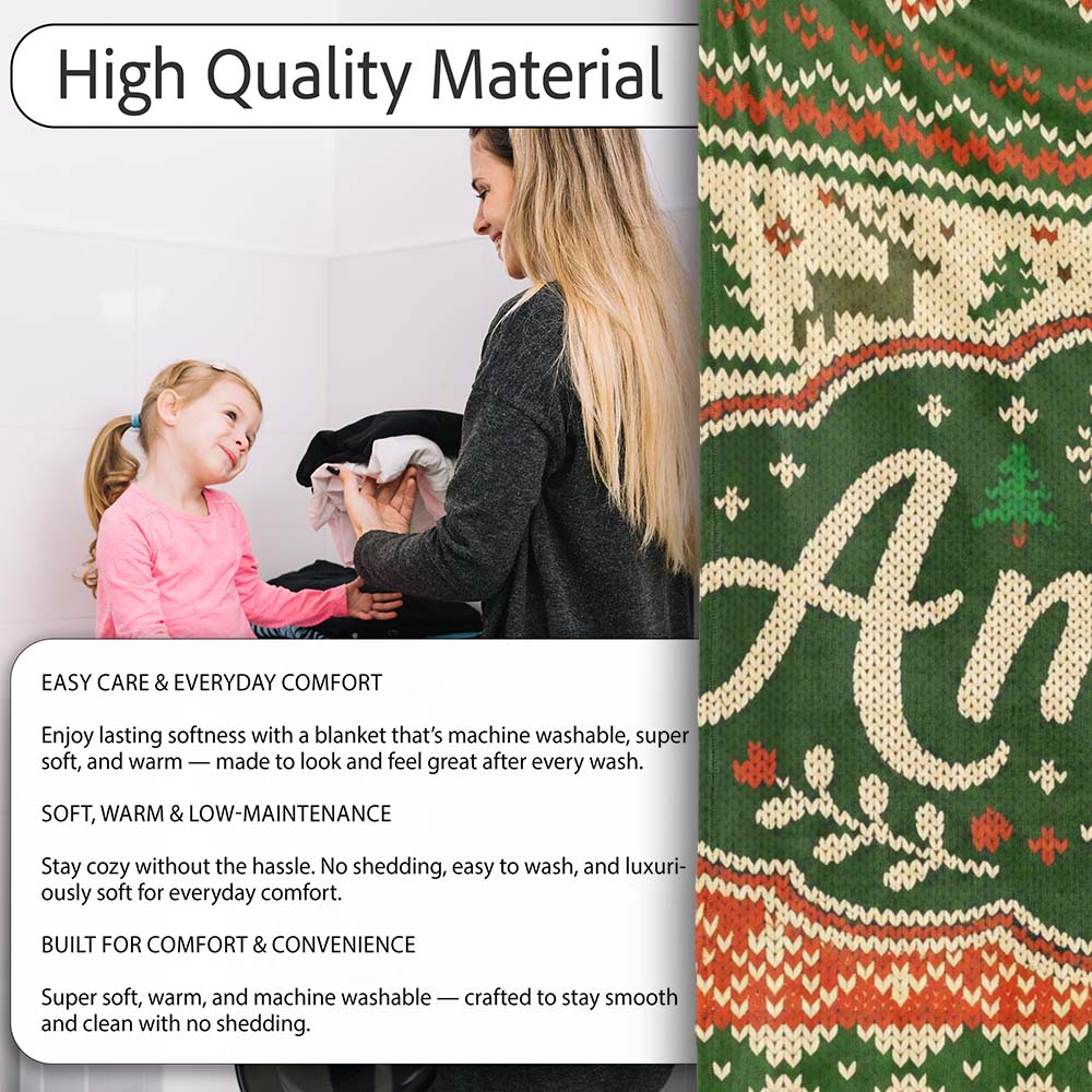 Nordic Zigzag Knit Green Red Cream Geometric Festive Sweater Style  Personalised Custom Name Super Soft Fleece Blanket Bed Sofa Throw