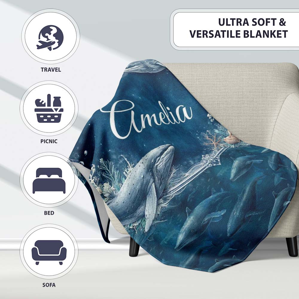 Deep Ocean Whale Seamless Pattern Blue Marine Animal Design Lovely  Personalised Custom Name Super Soft Fleece Blanket Bed Sofa Throw