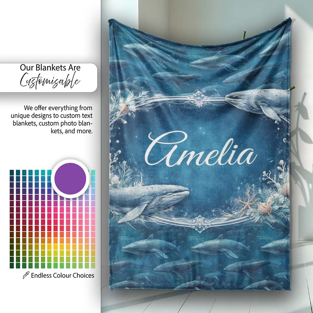 Deep Ocean Whale Seamless Pattern Blue Marine Animal Design Lovely  Personalised Custom Name Super Soft Fleece Blanket Bed Sofa Throw