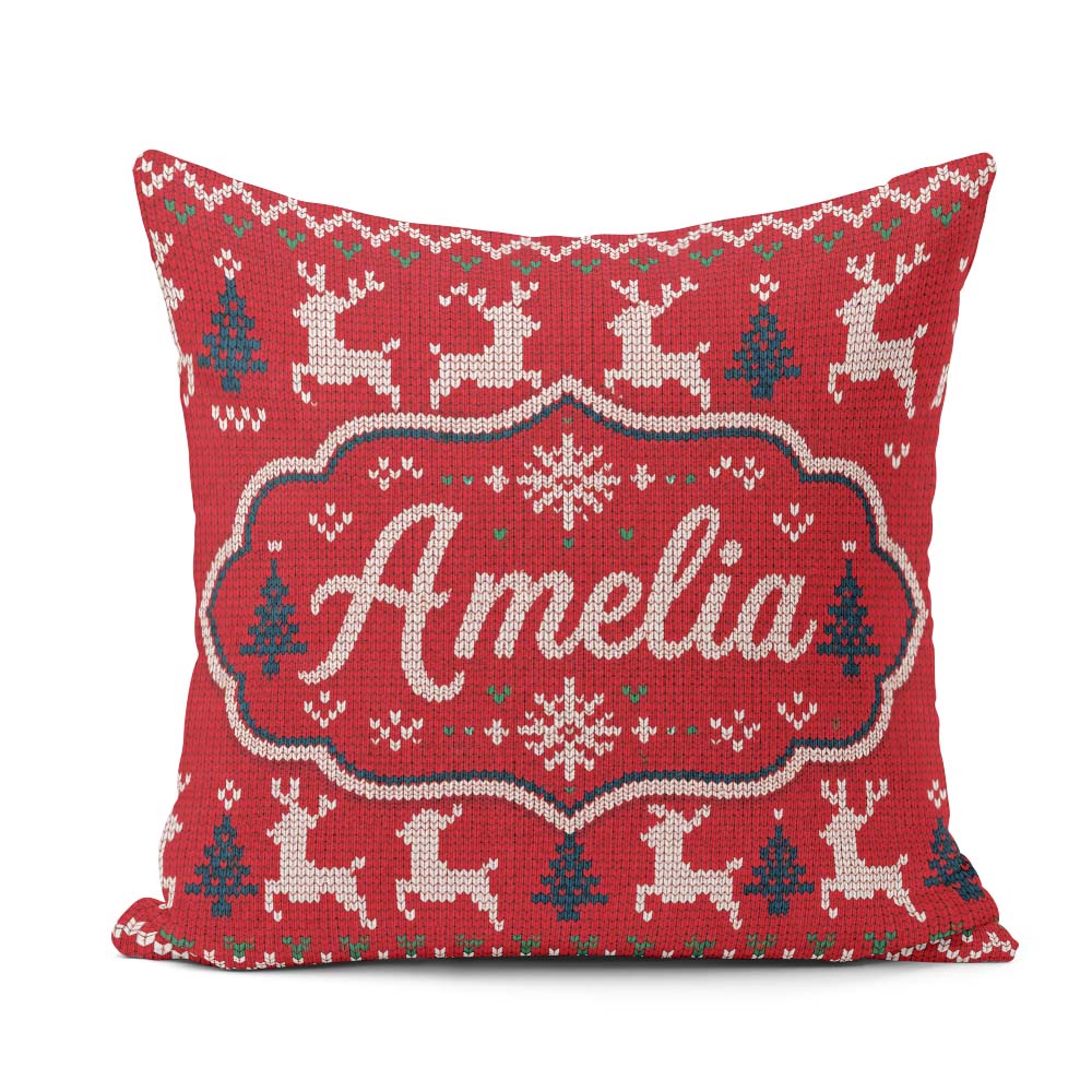 Custom Name Classic Red Knit Snowflake Pattern Christmas Sweater Square Filled Cushion Throw Pillow Sofa Bed Home Decor Zip Washable UK Made