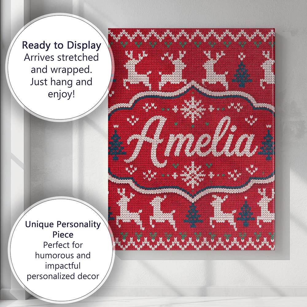Personalised Name Classic Red Knit Reindeer Custom  Bespoke Interior Contemporary Canvas Wall Art Print Decor Picture Ready to Hang