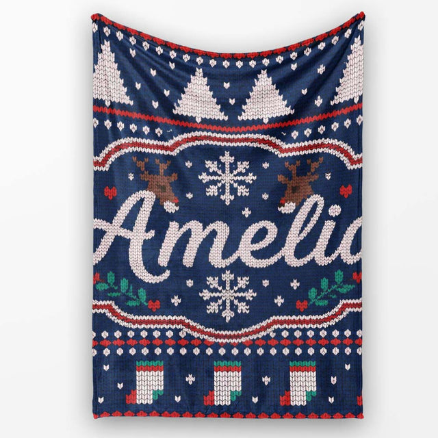Winter Knit Reindeer Mountain Pattern Blue White Snow Nordic Lovely  Personalised Custom Name Super Soft Fleece Blanket Bed Sofa Throw