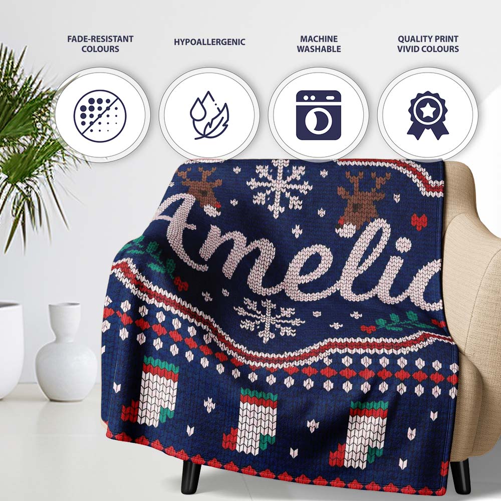 Winter Knit Reindeer Mountain Pattern Blue White Snow Nordic Lovely  Personalised Custom Name Super Soft Fleece Blanket Bed Sofa Throw