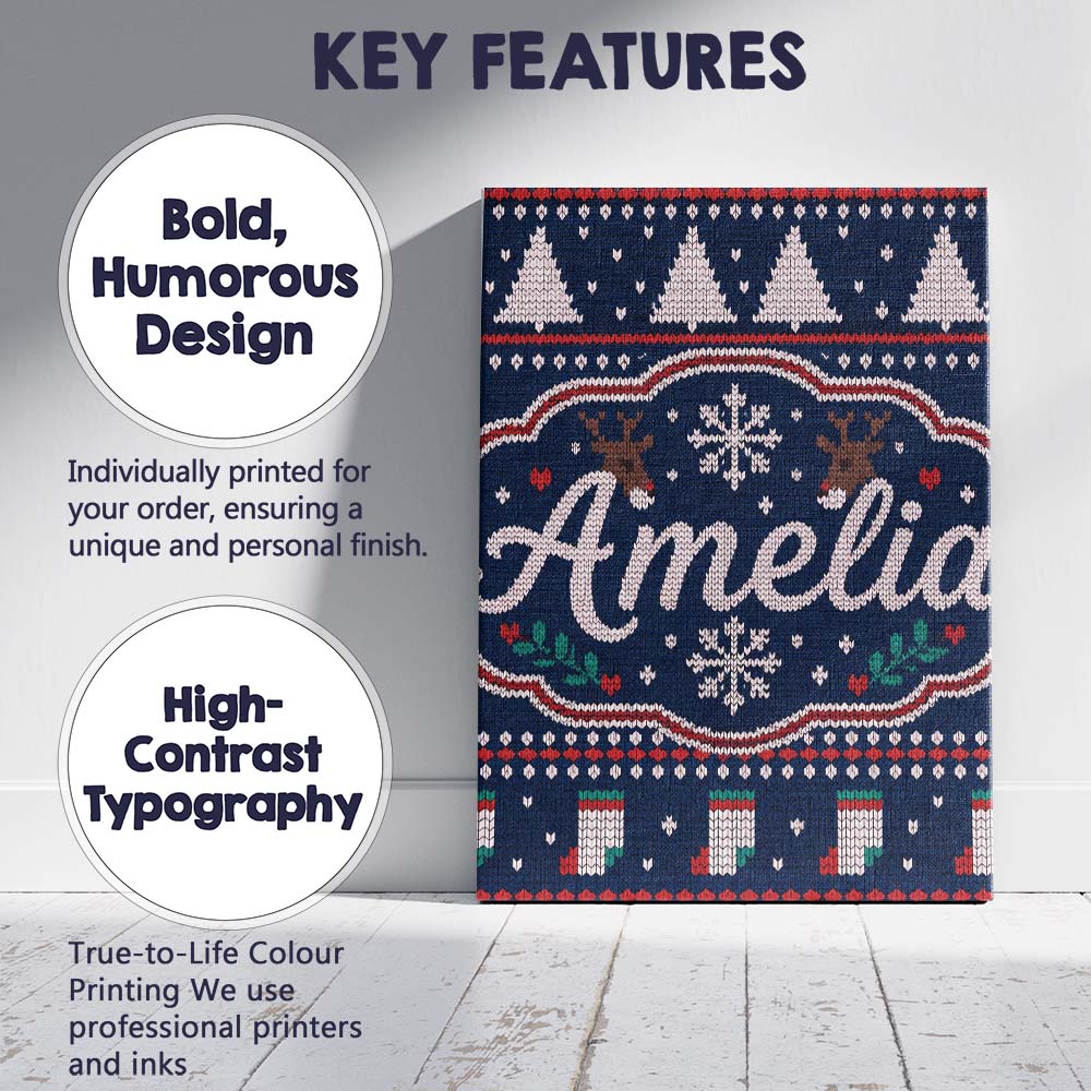 Personalised Name Winter Knit Reindeer Custom  Modern Room Accent Elegant Feature Canvas Wall Art Print Decor Picture Ready to Hang