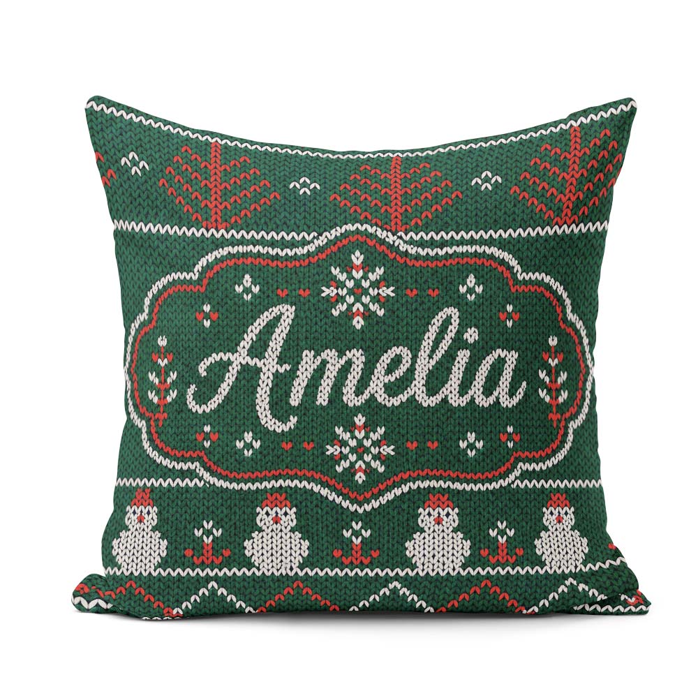 Custom Name Nordic Knit Alpaca Llama Pattern Green White Festive Square Filled Cushion Throw Pillow Sofa Bed Home Decor Zip Washable UK Made