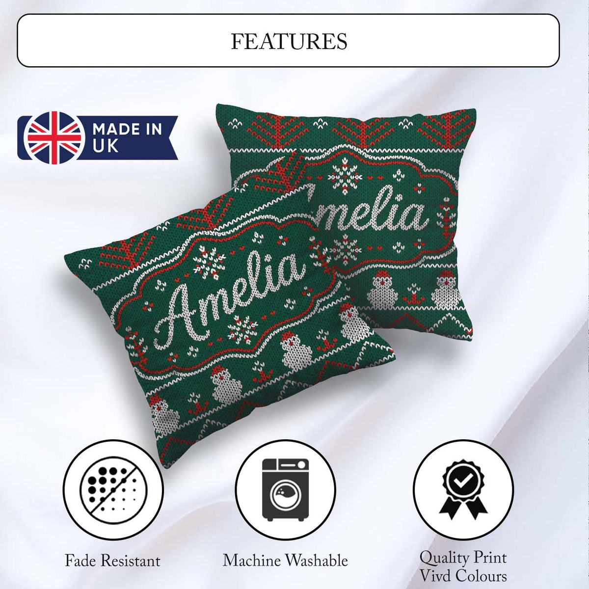 Custom Name Nordic Knit Alpaca Llama Pattern Green White Festive Square Filled Cushion Throw Pillow Sofa Bed Home Decor Zip Washable UK Made