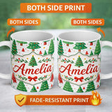 Personalized Custom Name Modern Christmas Trees in Red and Green Winter Scene Seamless Lovely 11oz Ceramic Coffee Tea Mug White Large Handle