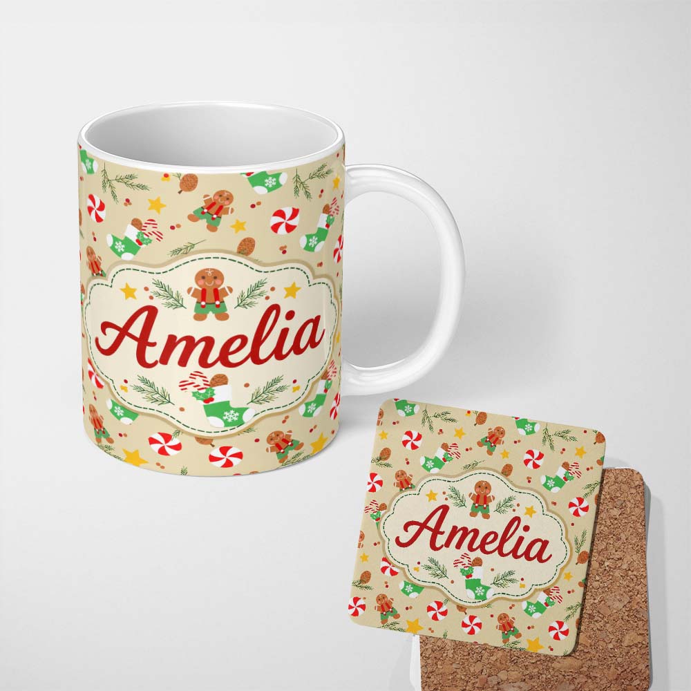 Personalized Custom Name Cute Gingerbread Cookie Candy Stocking Seamless Pattern Lovely 11oz Ceramic Coffee Tea Mug White Large Handle