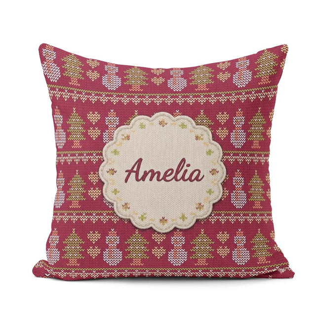 Custom Name Cute Snowman Christmas Tree Knit Pattern Green White Square Filled Cushion Throw Pillow Sofa Bed Home Decor Zip Washable UK Made