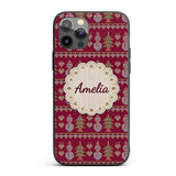 Cute Snowman Christmas Tree Knit Pattern Burgundy Custom Name Protective Phone Case Mobile Cover Durable Everyday Smartphone Shock Resistant