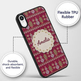 Cute Snowman Christmas Tree Knit Pattern Burgundy Custom Name Protective Phone Case Mobile Cover Durable Everyday Smartphone Shock Resistant