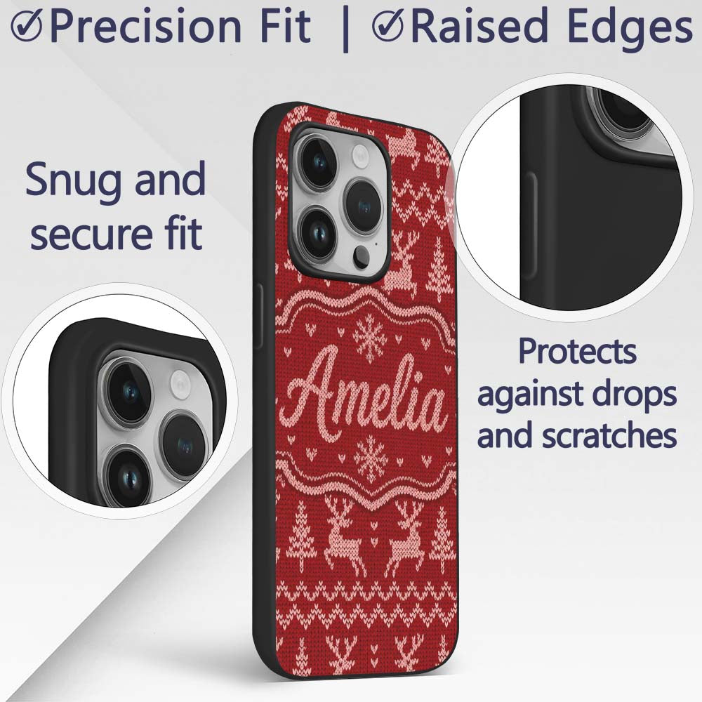 RedNordic Knit Heart Snowflake Pattern Christmas Custom Name Protective Phone Case Mobile Cover Durable Everyday Smartphone Shock Resistant