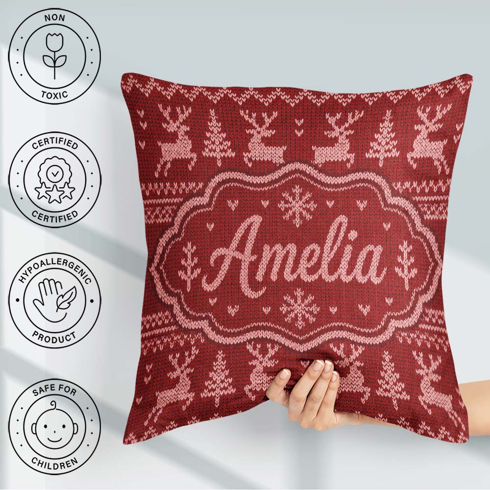 Custom Name RedNordic Knit Heart Snowflake Pattern Sweater Style Square Filled Cushion Throw Pillow Sofa Bed Home Decor Zip Washable UK Made