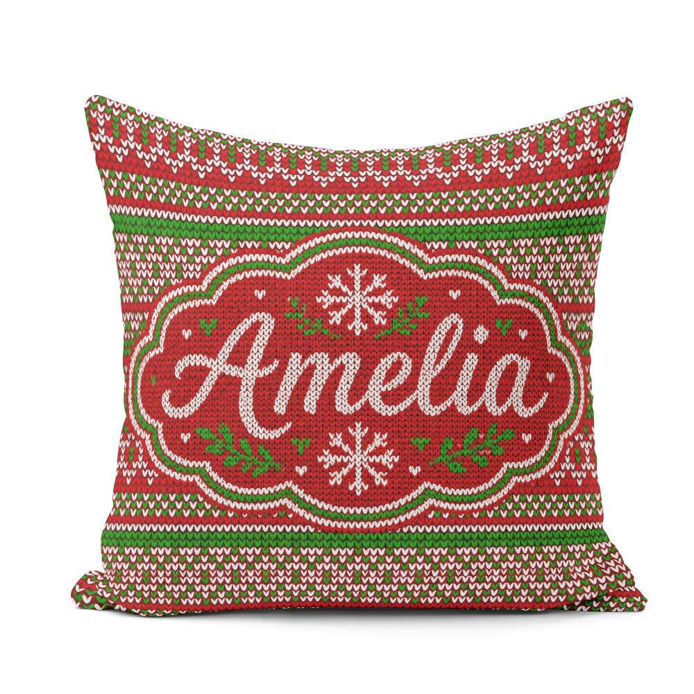 Custom Name Classic Red Green White Knit Stripe Nordic Christmas Square Filled Cushion Throw Pillow Sofa Bed Home Decor Zip Washable UK Made