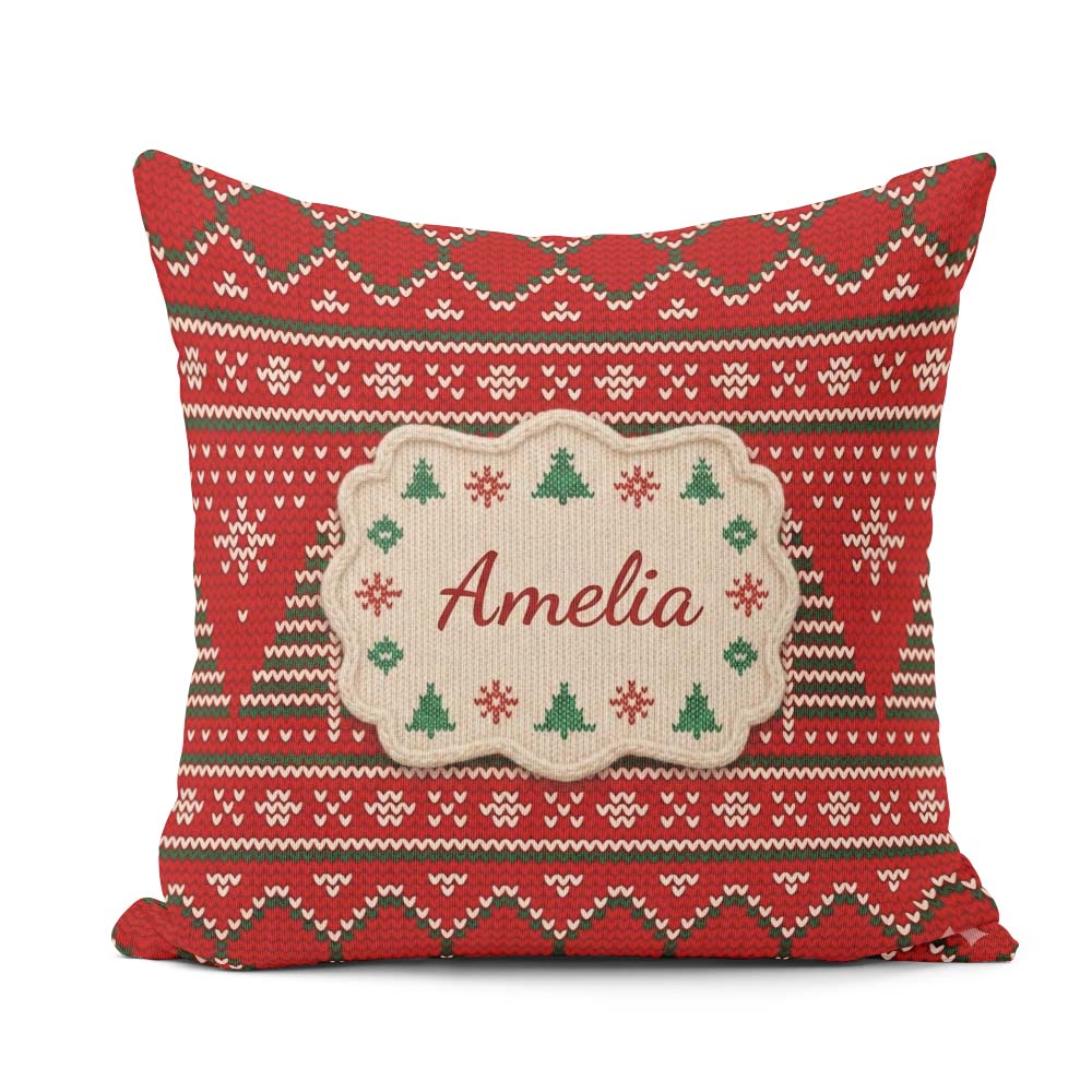 Custom Name Christmas Tree Heart Knit Pattern Green White Nordic Square Filled Cushion Throw Pillow Sofa Bed Home Decor Zip Washable UK Made