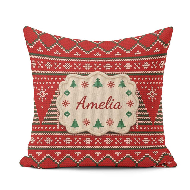 Custom Name Christmas Tree Heart Knit Pattern Green White Nordic Square Filled Cushion Throw Pillow Sofa Bed Home Decor Zip Washable UK Made