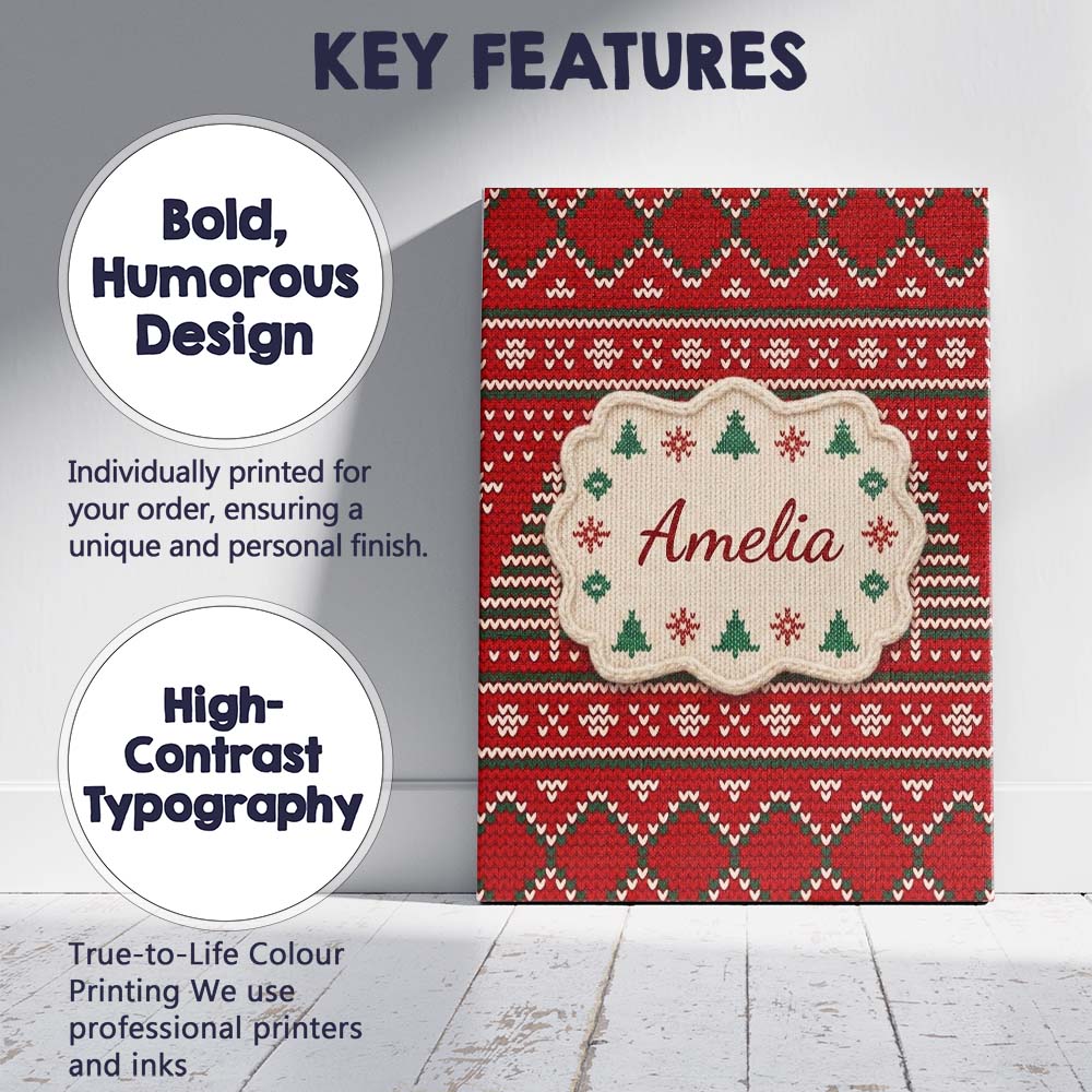 Personalised Name Christmas Tree Heart Knit Custom  Bespoke Interior Contemporary Canvas Wall Art Print Decor Picture Ready to Hang