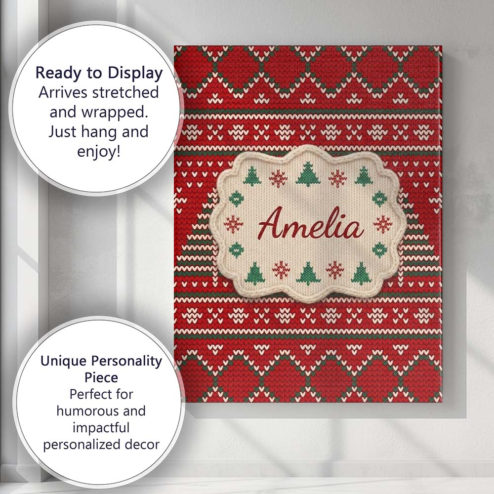 Personalised Name Christmas Tree Heart Knit Custom  Bespoke Interior Contemporary Canvas Wall Art Print Decor Picture Ready to Hang