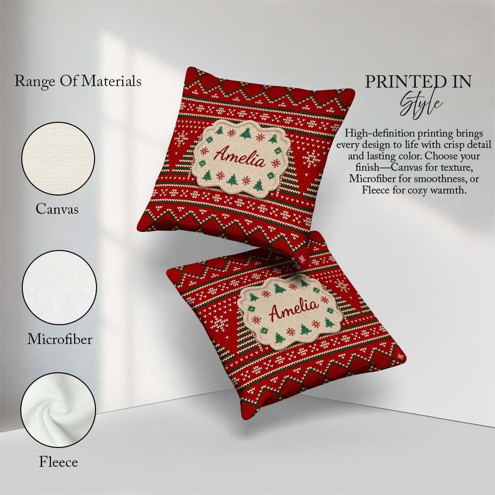 Custom Name Christmas Tree Heart Knit Pattern Green White Nordic Square Filled Cushion Throw Pillow Sofa Bed Home Decor Zip Washable UK Made