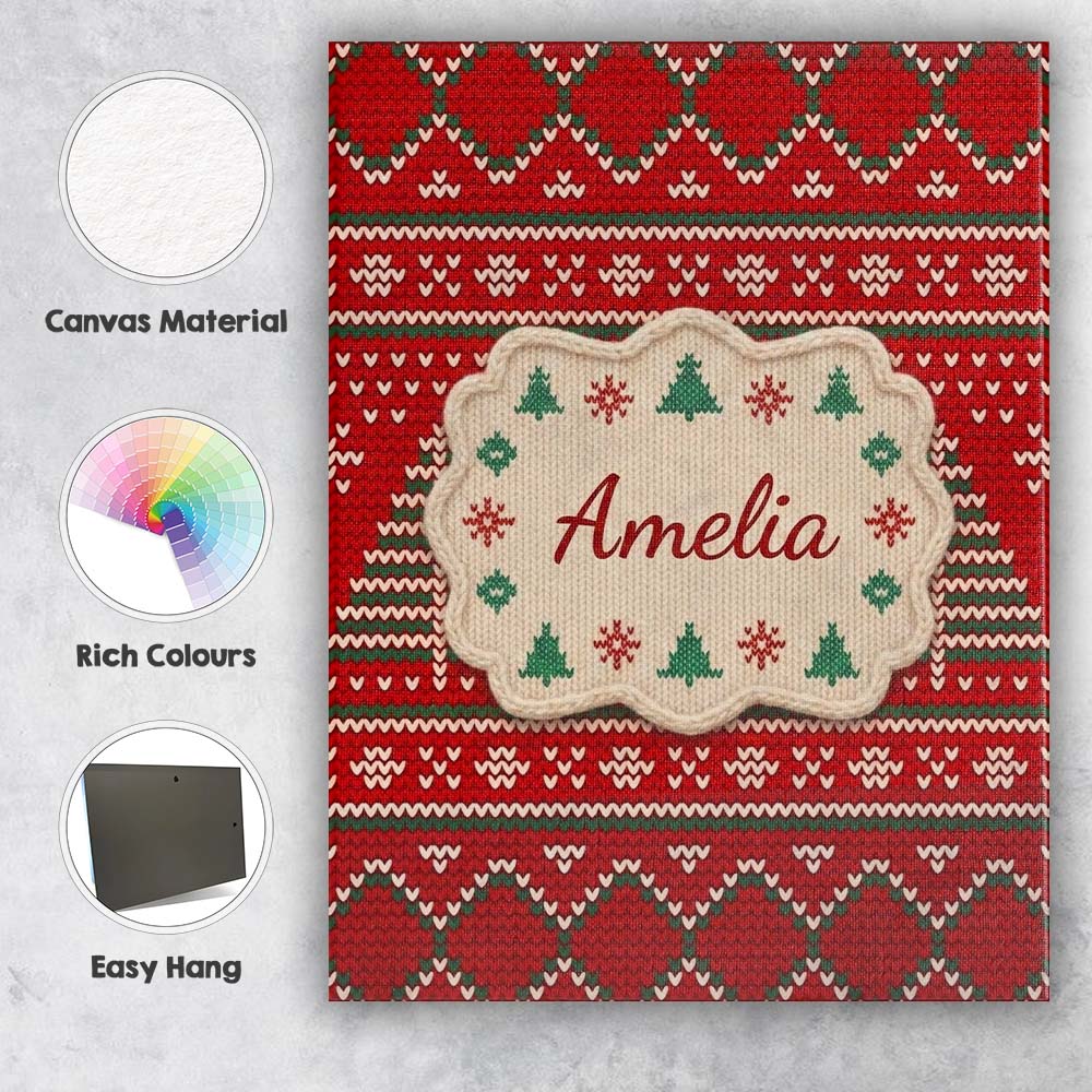 Personalised Name Christmas Tree Heart Knit Custom  Bespoke Interior Contemporary Canvas Wall Art Print Decor Picture Ready to Hang