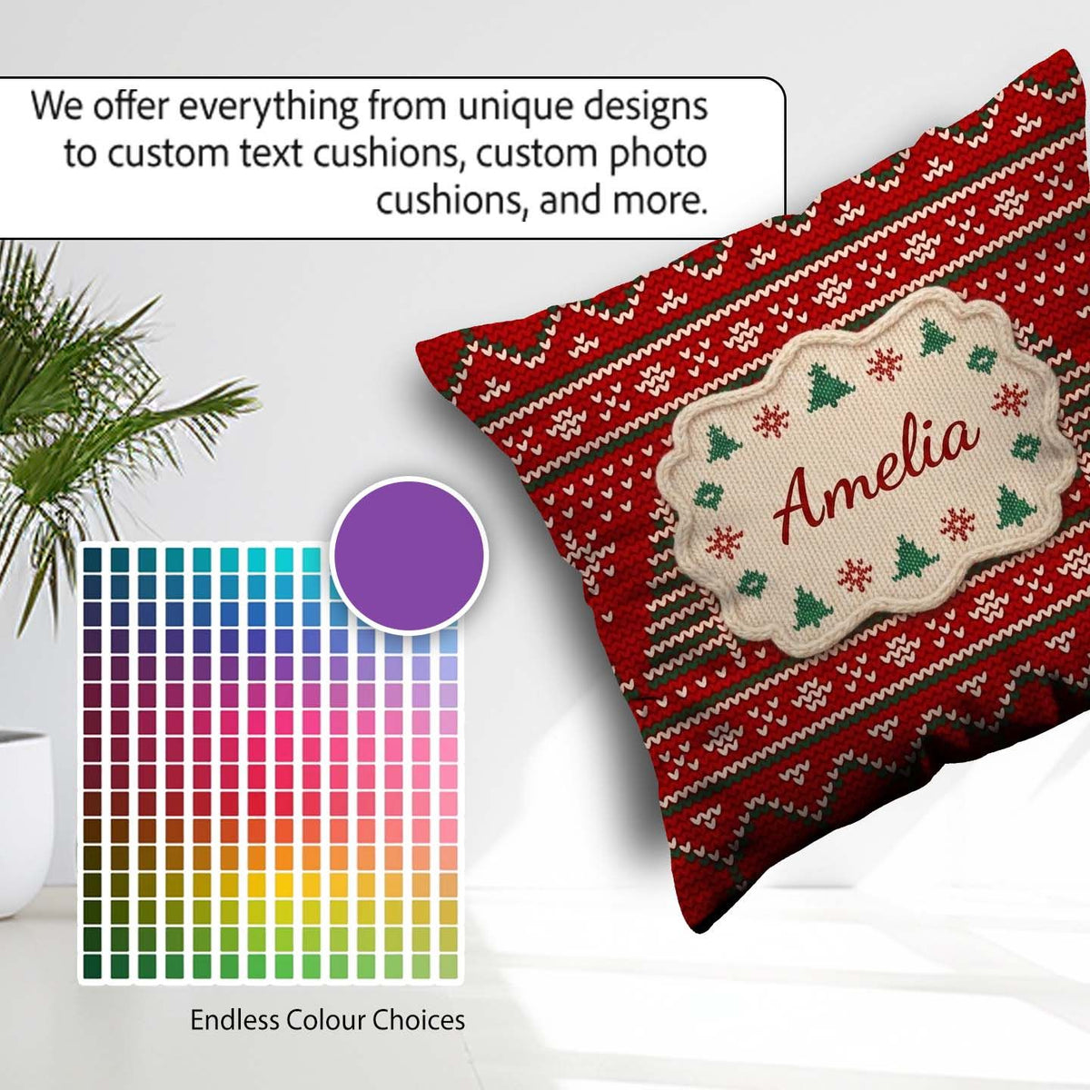 Custom Name Christmas Tree Heart Knit Pattern Green White Nordic Square Filled Cushion Throw Pillow Sofa Bed Home Decor Zip Washable UK Made