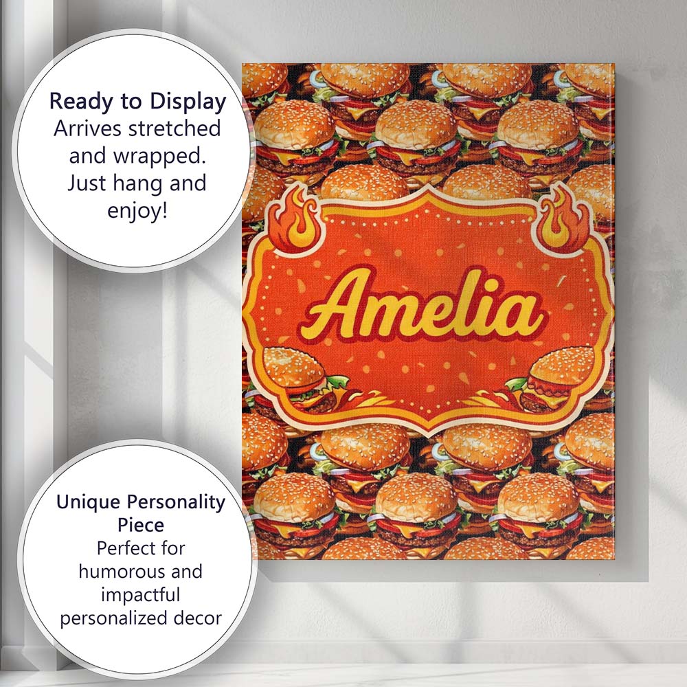 Personalised Name Realistic Cheeseburger Seamless Pattern Fast Food Custom Canvas Wall Art Print Decor Picture Ready to Hang