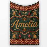 Holiday Gift Box Knit Pattern Green Red Gold Christmas Sweater Style  Personalised Custom Name Super Soft Fleece Blanket Bed Sofa Throw