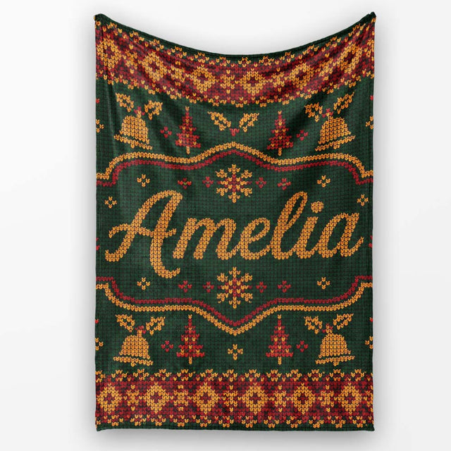 Holiday Gift Box Knit Pattern Green Red Gold Christmas Sweater Style  Personalised Custom Name Super Soft Fleece Blanket Bed Sofa Throw