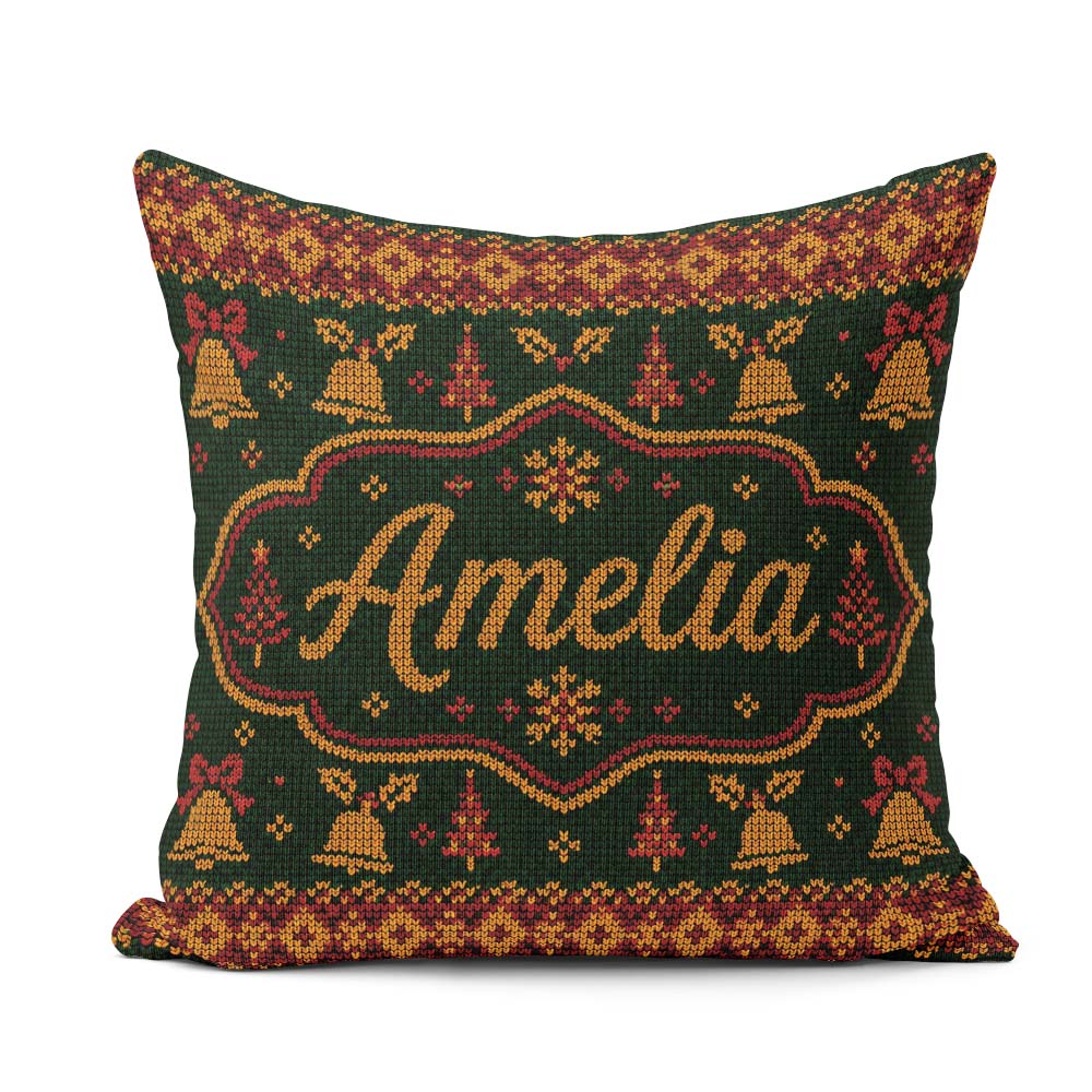 Custom Name Holiday Gift Box Knit Pattern Green Red Gold Sweater Square Filled Cushion Throw Pillow Sofa Bed Home Decor Zip Washable UK Made