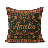 Custom Name Holiday Gift Box Knit Pattern Green Red Gold Sweater Square Filled Cushion Throw Pillow Sofa Bed Home Decor Zip Washable UK Made