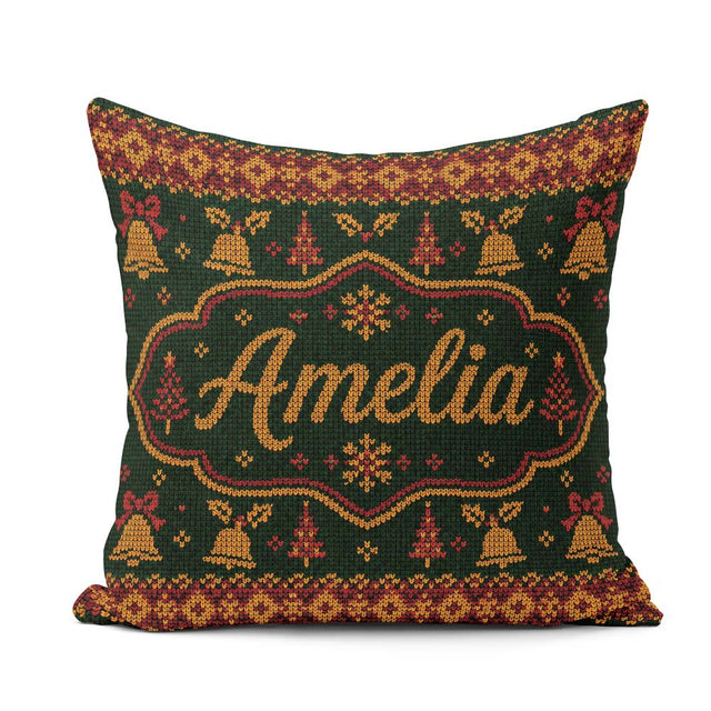 Custom Name Holiday Gift Box Knit Pattern Green Red Gold Sweater Square Filled Cushion Throw Pillow Sofa Bed Home Decor Zip Washable UK Made