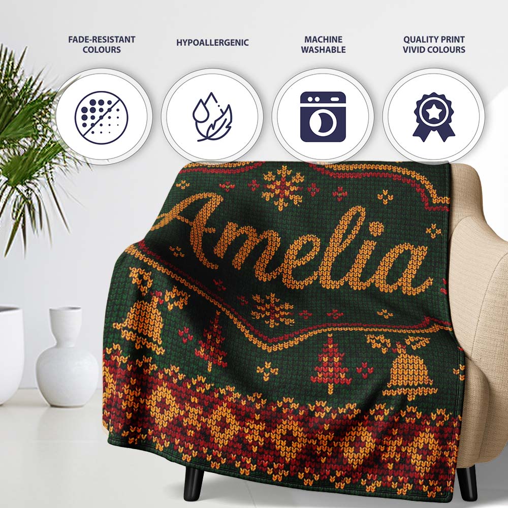 Holiday Gift Box Knit Pattern Green Red Gold Christmas Sweater Style  Personalised Custom Name Super Soft Fleece Blanket Bed Sofa Throw