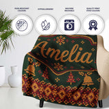 Holiday Gift Box Knit Pattern Green Red Gold Christmas Sweater Style  Personalised Custom Name Super Soft Fleece Blanket Bed Sofa Throw