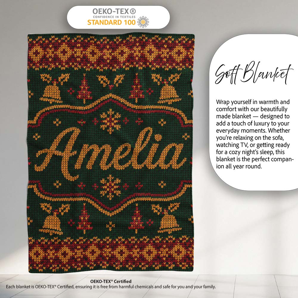 Holiday Gift Box Knit Pattern Green Red Gold Christmas Sweater Style  Personalised Custom Name Super Soft Fleece Blanket Bed Sofa Throw