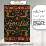 Holiday Gift Box Knit Pattern Green Red Gold Christmas Sweater Style  Personalised Custom Name Super Soft Fleece Blanket Bed Sofa Throw