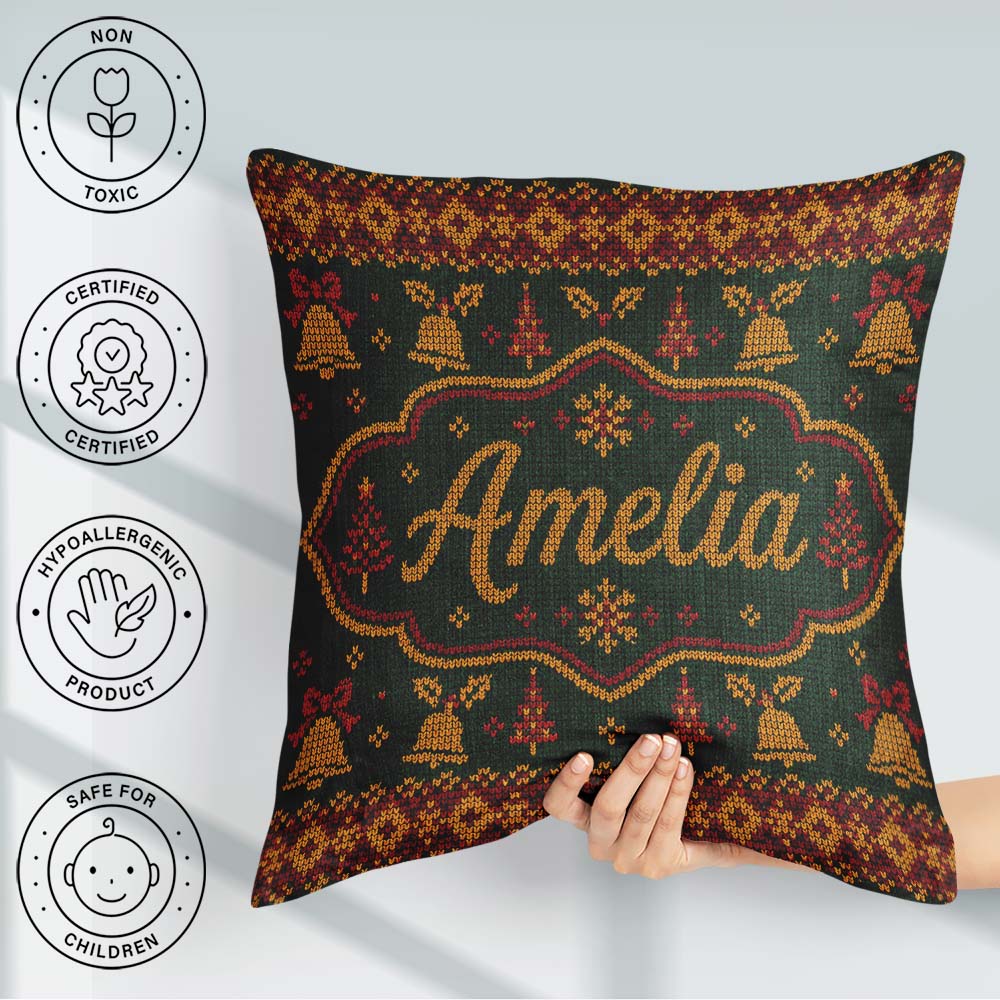Custom Name Holiday Gift Box Knit Pattern Green Red Gold Sweater Square Filled Cushion Throw Pillow Sofa Bed Home Decor Zip Washable UK Made