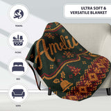 Holiday Gift Box Knit Pattern Green Red Gold Christmas Sweater Style  Personalised Custom Name Super Soft Fleece Blanket Bed Sofa Throw