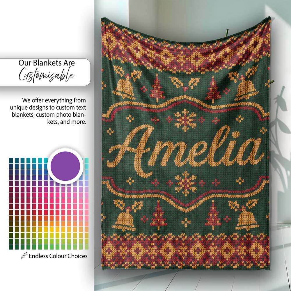 Holiday Gift Box Knit Pattern Green Red Gold Christmas Sweater Style  Personalised Custom Name Super Soft Fleece Blanket Bed Sofa Throw