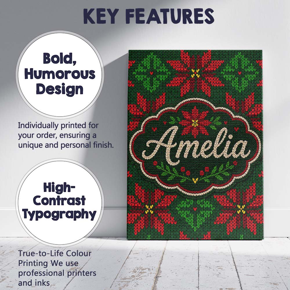 Personalised Name Festive Holly Leaf Berry Custom  Unique Gift Idea Elegant Feature Canvas Wall Art Print Decor Picture Ready to Hang