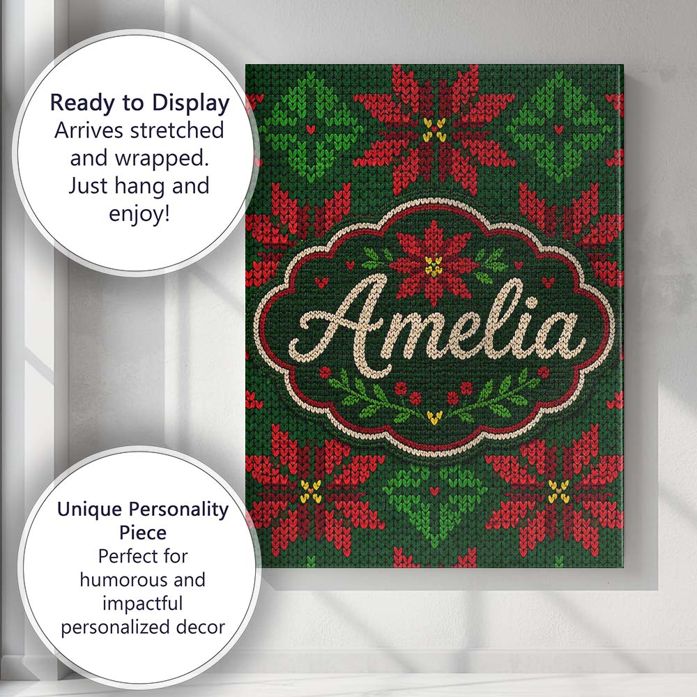 Personalised Name Festive Holly Leaf Berry Custom  Unique Gift Idea Elegant Feature Canvas Wall Art Print Decor Picture Ready to Hang