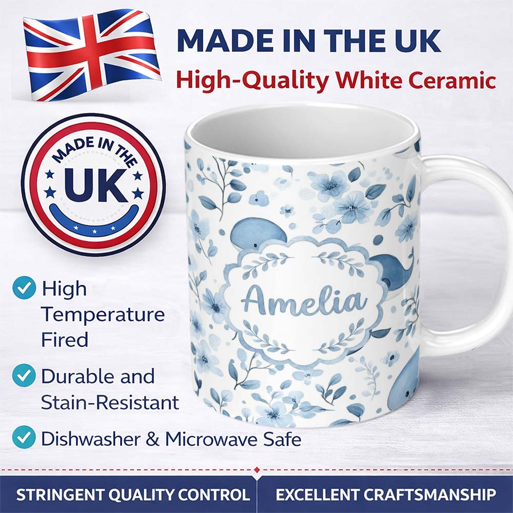 Personalized Custom Name Cute Blue Whale with Floral Background Seamless Pattern Lovely 11oz Ceramic Coffee Tea Mug White Large Handle
