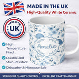 Personalized Custom Name Cute Blue Whale with Floral Background Seamless Pattern Lovely 11oz Ceramic Coffee Tea Mug White Large Handle