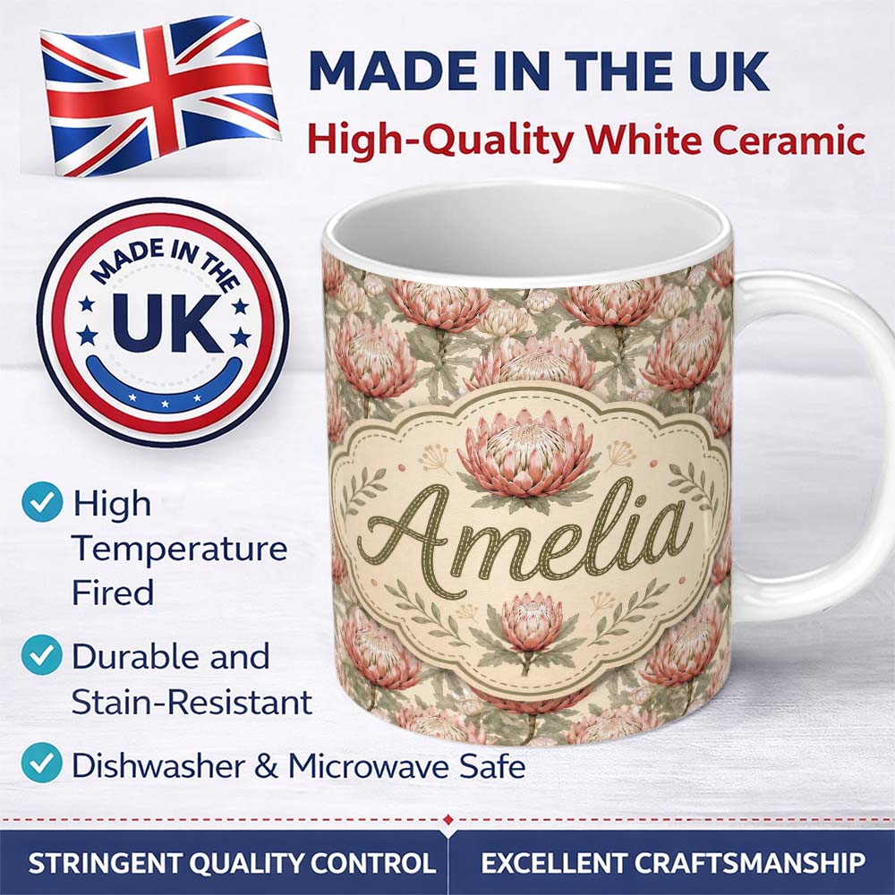 Personalized Custom Name Elegant Pink Protea Floral Botanical Seamless Pattern Lovely 11oz Ceramic Coffee Tea Mug White Large Handle
