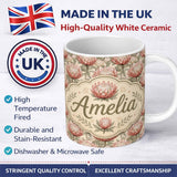 Personalized Custom Name Elegant Pink Protea Floral Botanical Seamless Pattern Lovely 11oz Ceramic Coffee Tea Mug White Large Handle