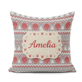 Custom Name Reindeer Tree Knit Pattern Grey Red White Christmas Square Filled Cushion Throw Pillow Sofa Bed Home Decor Zip Washable UK Made