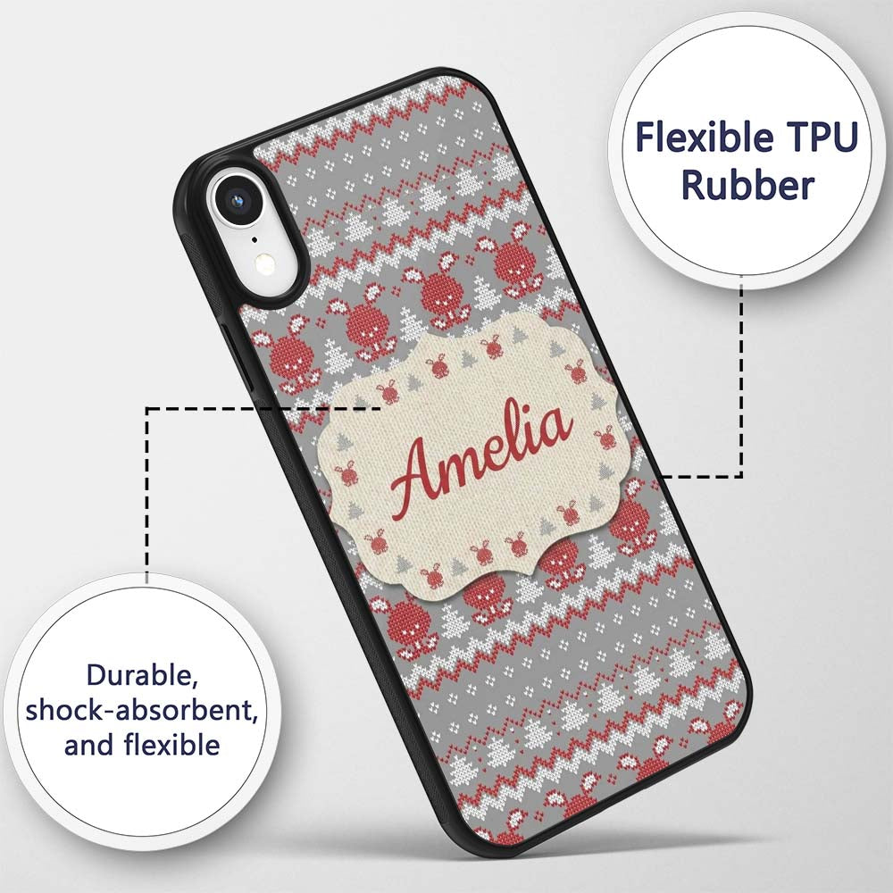 Cute Reindeer Tree Knit Pattern Grey Red White Custom Name Protective Phone Case Mobile Cover Durable Everyday Smartphone Shock Resistant