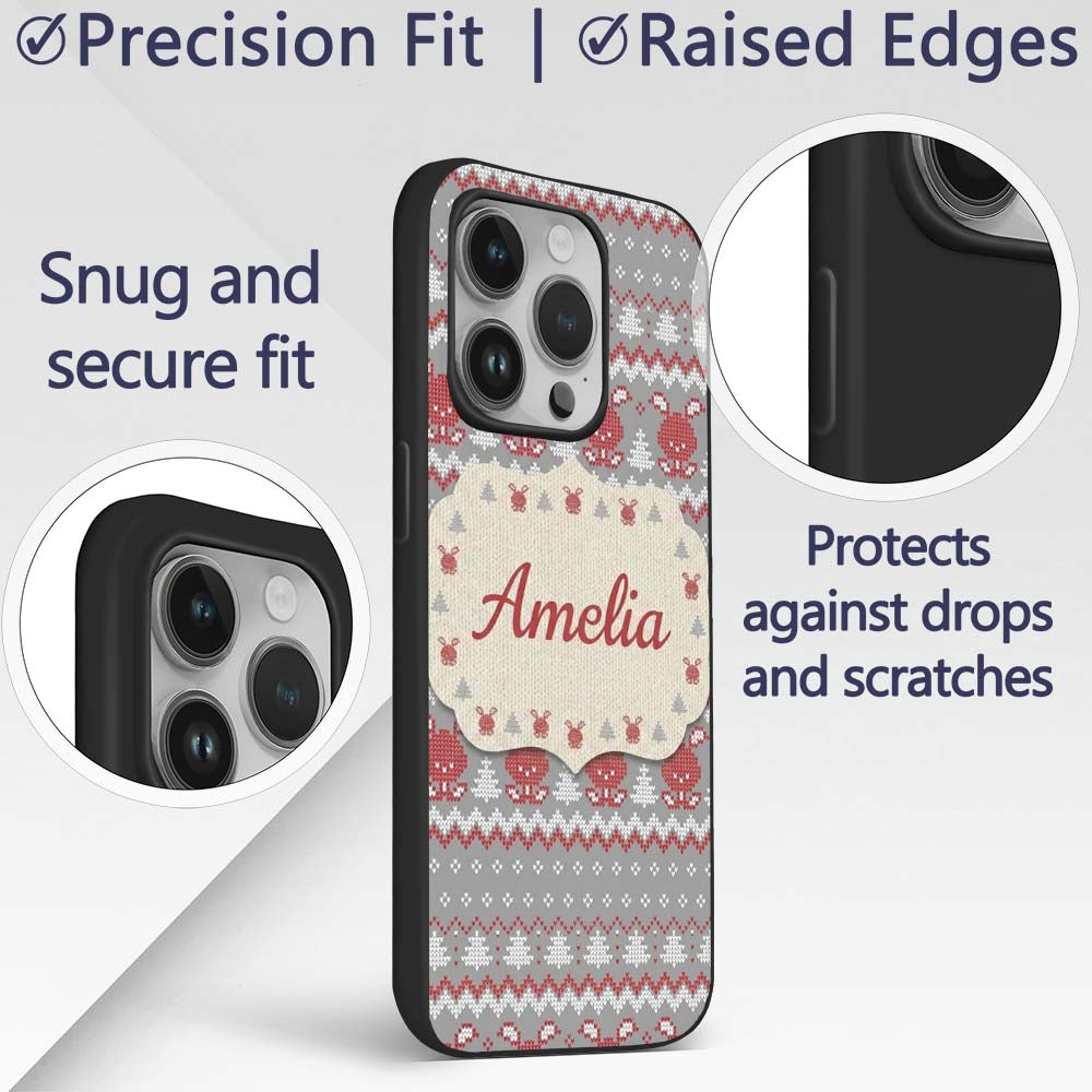 Cute Reindeer Tree Knit Pattern Grey Red White Custom Name Protective Phone Case Mobile Cover Durable Everyday Smartphone Shock Resistant
