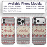 Cute Reindeer Tree Knit Pattern Grey Red White Custom Name Protective Phone Case Mobile Cover Durable Everyday Smartphone Shock Resistant