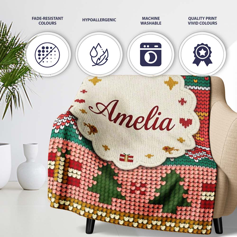Nordic Deer Heart Tree Knit Pattern Red Green White Festive Seamless  Personalised Custom Name Super Soft Fleece Blanket Bed Sofa Throw