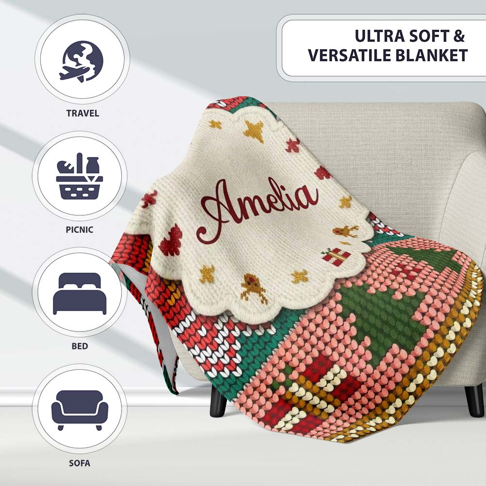 Nordic Deer Heart Tree Knit Pattern Red Green White Festive Seamless  Personalised Custom Name Super Soft Fleece Blanket Bed Sofa Throw